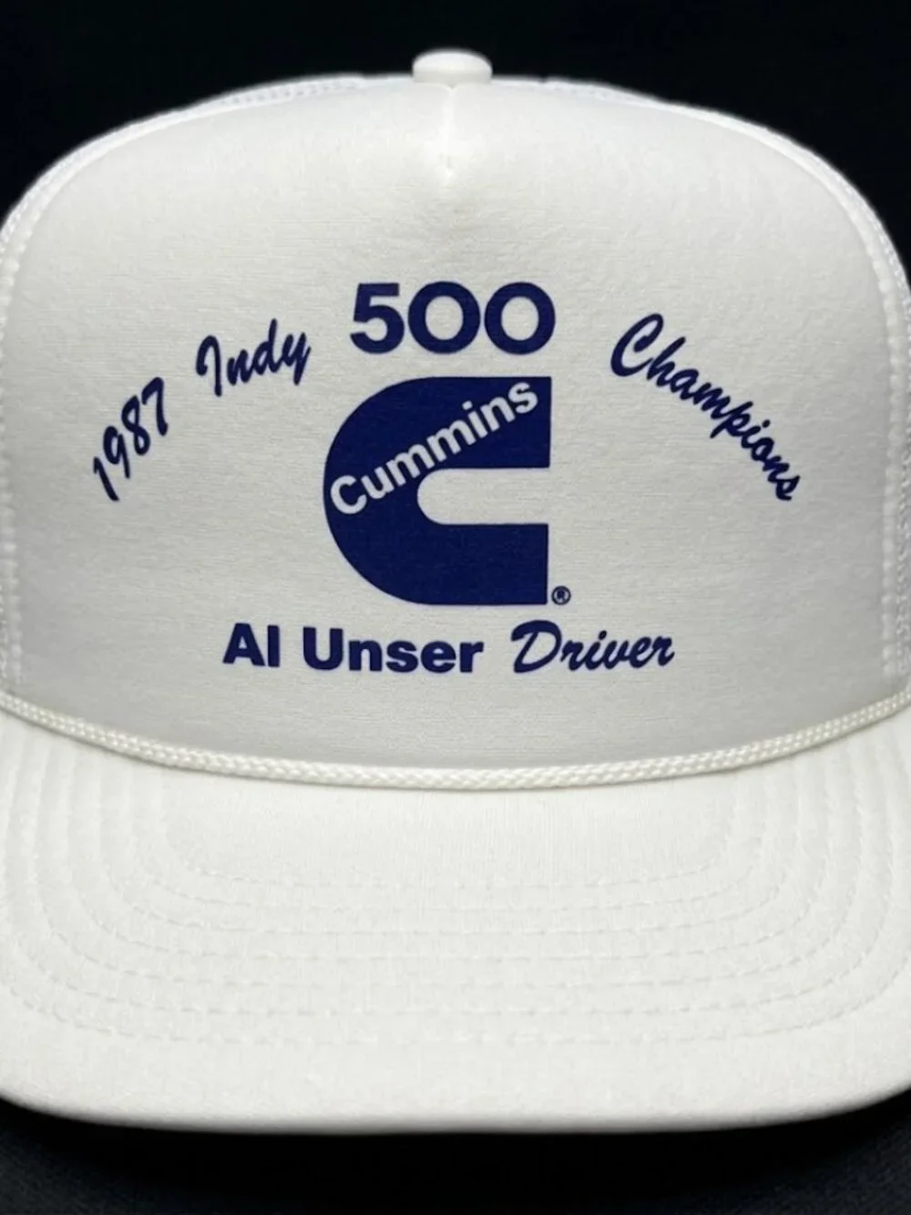 Retro 1987 Indy 500 Champions Foam Trucker Hat White Rope Snapback Cap Cummins
